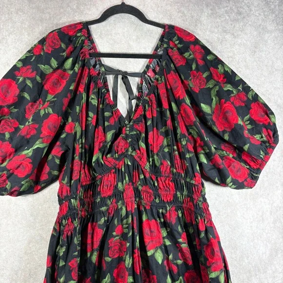 Old Navy Dress Women XXL Black Red Rose Puff Sleeve Smocked Waist Tie Back Boho - Picture 2 of 9